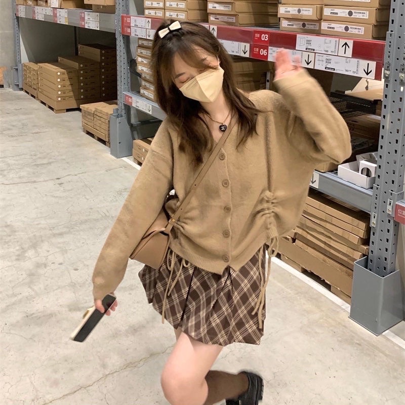 Set áo cardigan len rút dây phối chân váy xếp ly kẻ caro phong cách Hàn Quốc ulzzang Hana Store