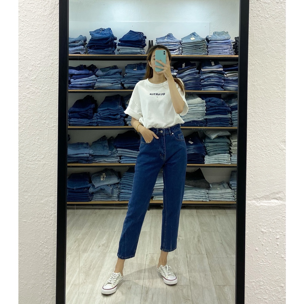Quần Mom Jeans Nữ Lưng Cao Màu Xanh Đậm M-03