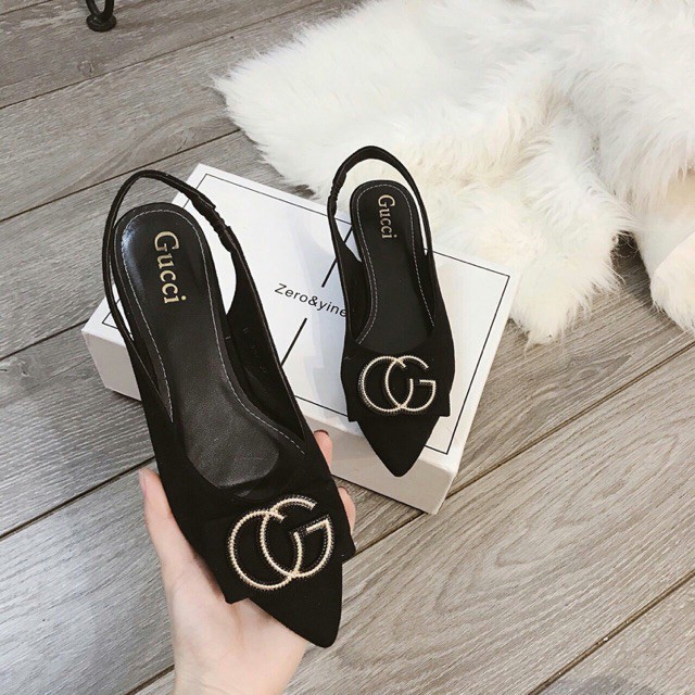 Giày búp bê hở gót I Giày sandal bịt mũi CG da lộn gót cao 2p max chảnh cực dễ đi