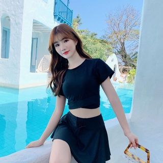 Đồ đi biển, bikini 2 mảnh đi biển áo croptop có mút tay ngắn váy 2 lớp - đồ đi biển 2 mảnh esp002