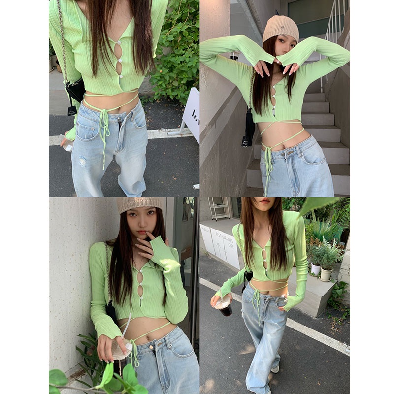 Áo Len Tay Dài Dáng Ôm Hở Rốn Thời Trang Hàn Quốc Dành Cho Bạn Nữ