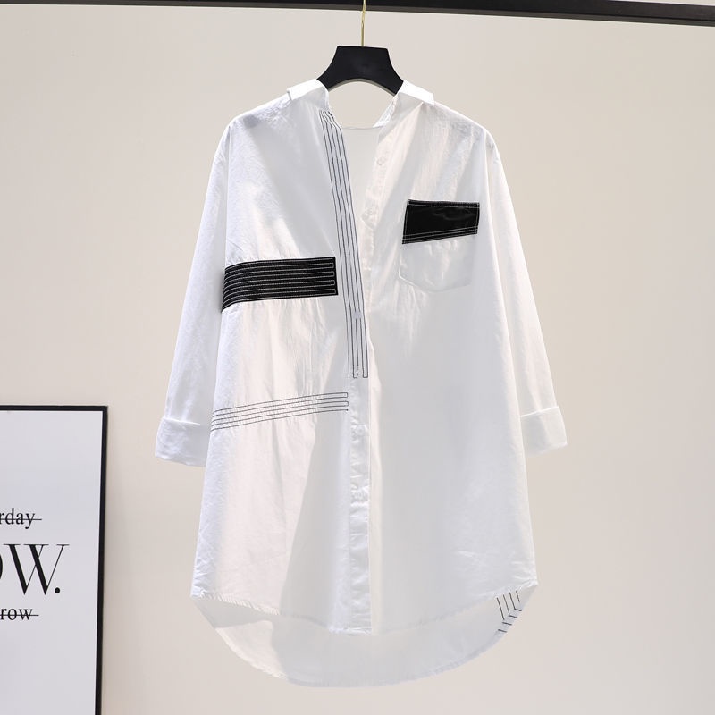 Đầm Sơ Mi cotton Tay Dài Dáng Rộng Thêu Họa Tiết Màu Trắng Đen Thời Trang Hàn Quốc Cho Nữ