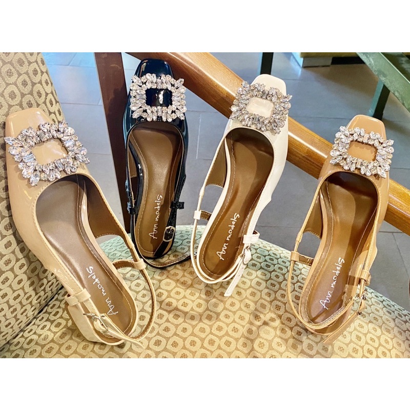 Giày cao gót nữ  3 phân mũi vuông kiểu dáng slingback phối nơ đá cao cấp phong cách Hàn quốc _AMIN3005XBND
