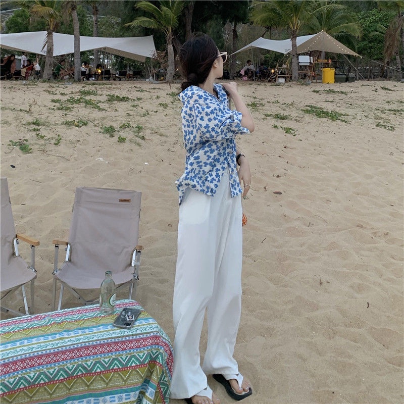 Bộ Áo Sơ Mi In Hoa Phối Quần Dài Kiểu Retro Thiết Kế Dễ Thương Cho Nữ