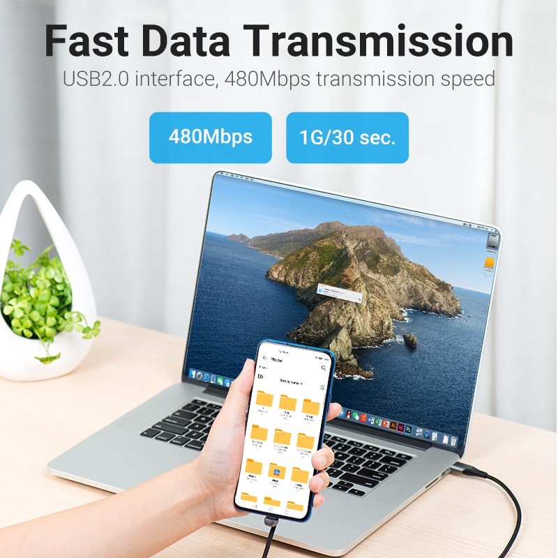 Dây cáp USB C hình chữ U Vention COHH sạc nhanh chơi game 66W 480Mbps cho Huawei Xiaomi