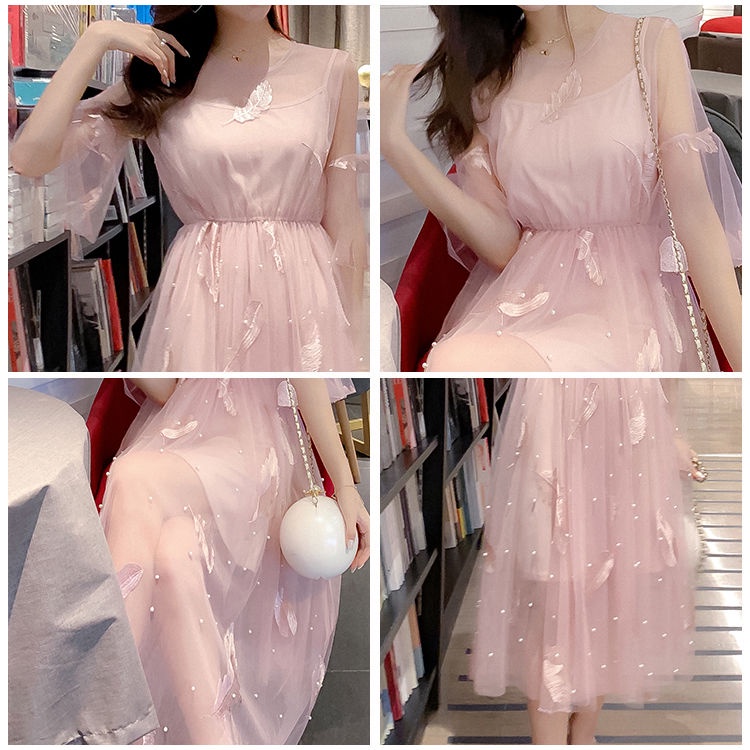 Đầm lưới hai mảnh thêu họa tiết lông vũ xinh xắn dành cho nữ