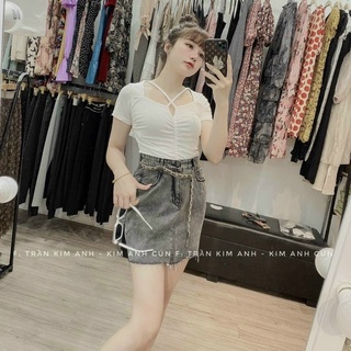 Áo thun kiểu dáng ôm rúm eo cổ vuông dây chéo cổ, Áo kiểu rúm thân cổ dây chéo