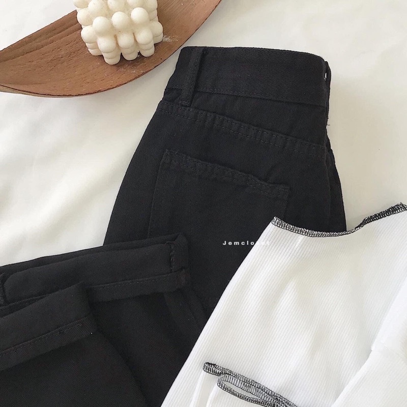 Set 3 món jean baggy đen+ croptop rua+ yếm trong TTS778