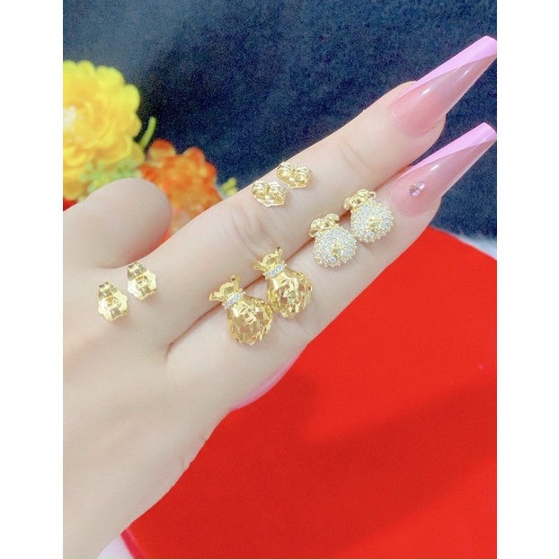 Bông tai nữ kiểu túi tiền chạm xoàn dát vàng 18 cao cấp mẫu mới siêu xinh