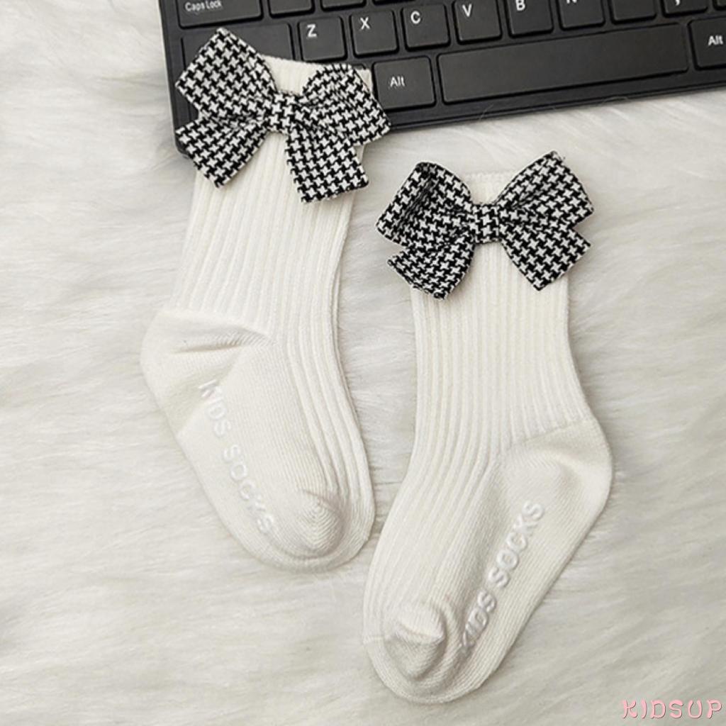 KIDSUP-Little Girl’s Autumn and Winter Socks Fresh Plaid Bow Calf Length Cotton Warm Stockings 0-3 Years