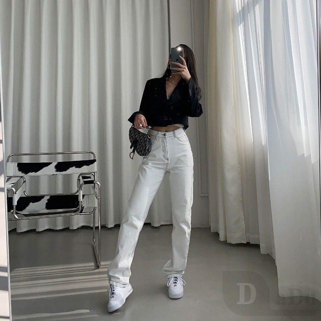 Daduhey Quần Jeans Dài Lưng Cao Ống Rộng Thời Trang Hàn Cá Tính Cho Nữ