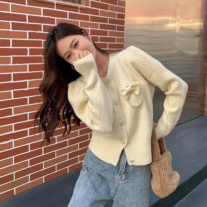 ÁO len sần cài nơ cúc ngọc 3 màu xinh xắn