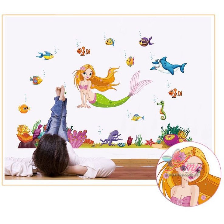 Decal dán tường Nàng tiên cá - dán phòng cho bé yêu dễ thương ngộ nghĩnh - decal có keo sẵn, bóc dán ngay AmyShop