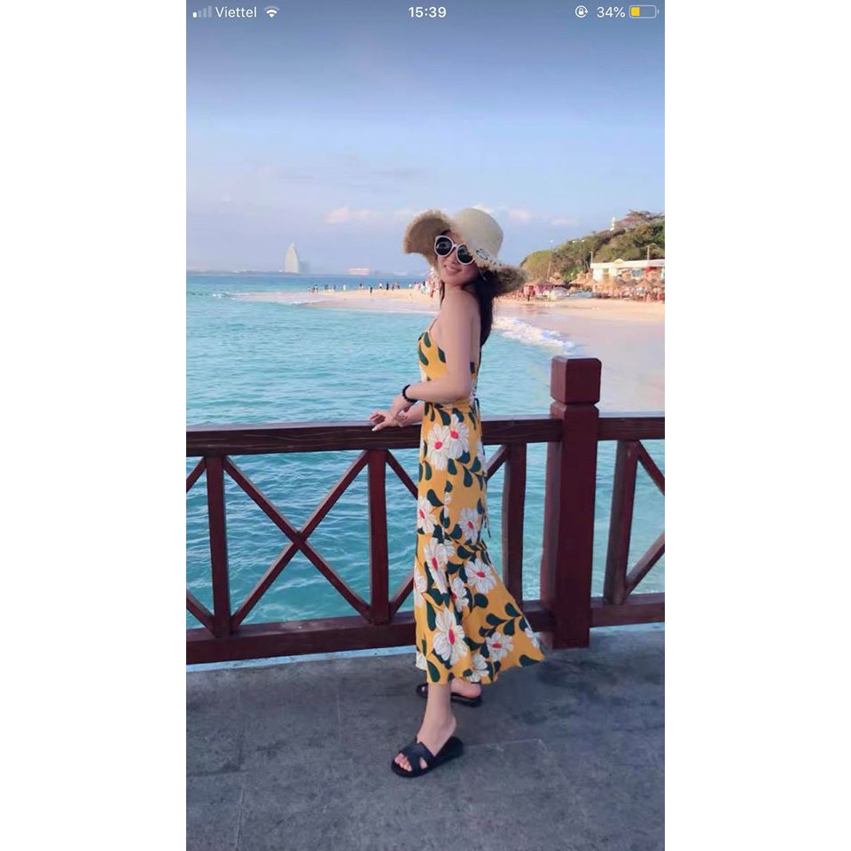 [ẢNH THẬT KHÁCH MẶC] - Váy maxi 2 dây họa tiết hoa vàng xinh dễ mặc, đi biển, du lịch | MX036