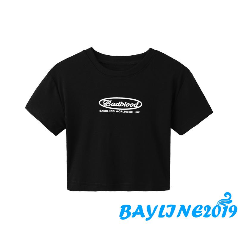 Bay-Women´s Crop Tops, Round Neck Short Sleeve Letter Printed Slim Pullover Short T-Shirt for Young Ladies