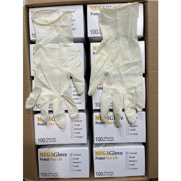 Găng tay y tế latex không bột Mega glove , size XS S M L XL, hộp 100 cái