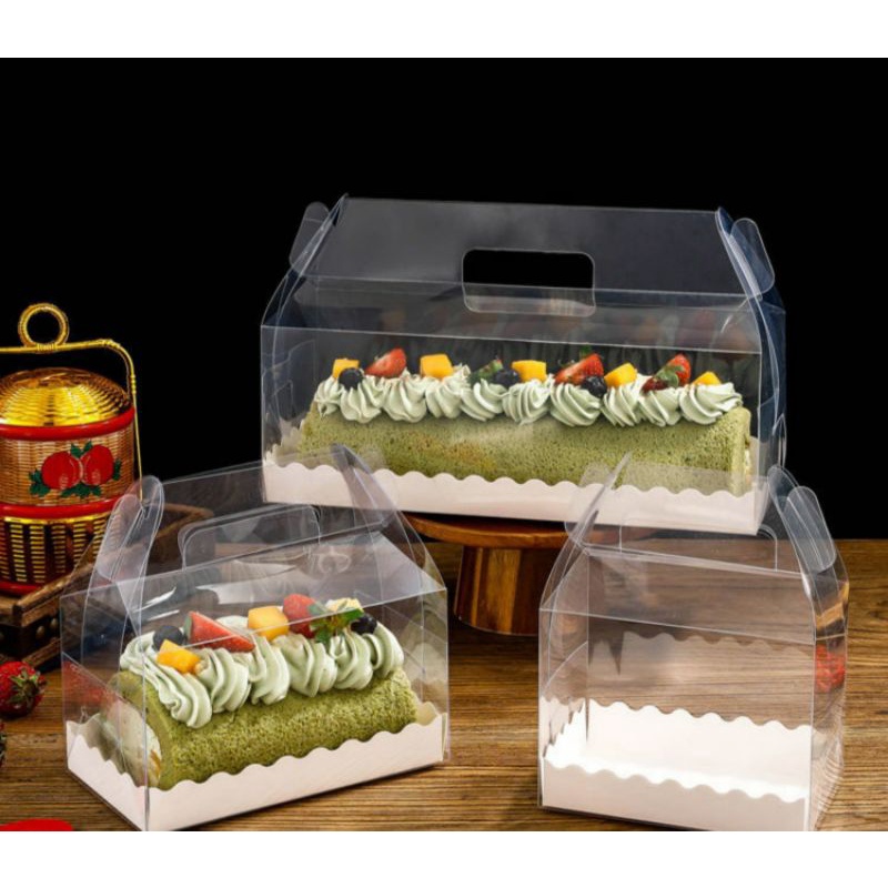 Hộp mica đựng bánh cuộn, bánh kem kèm đế lót (10 hộp)