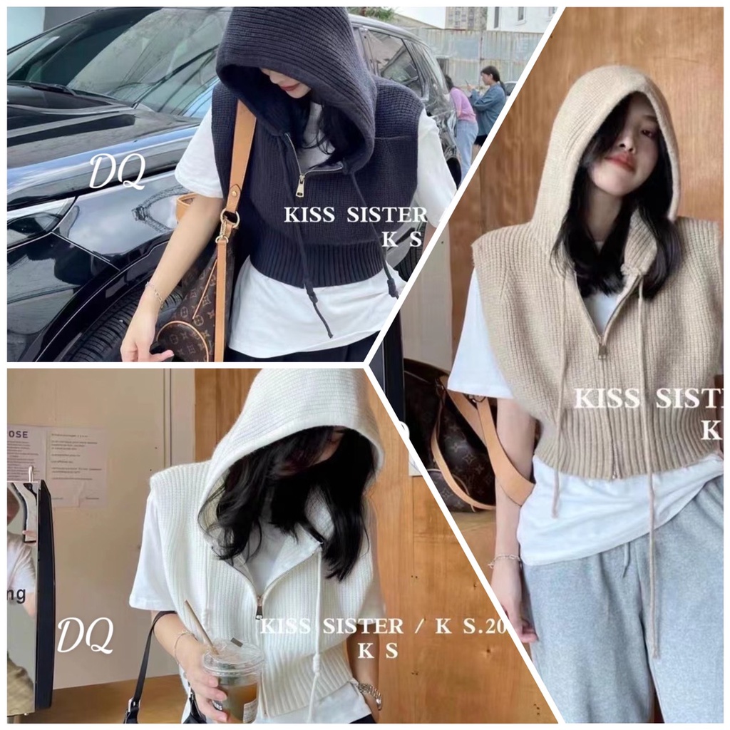 Áo gile len mũ khoá dáng croptop trẻ trung năng động hàng QC