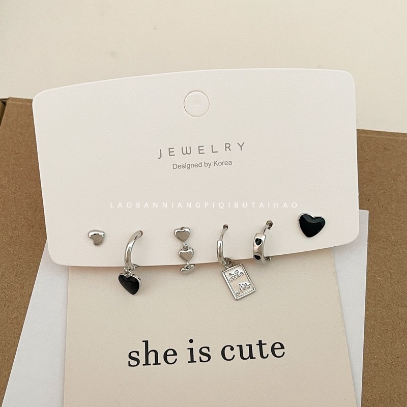 Bộ 6 Khuyên Tai Hình Giọt Nước Màu Đen Phong Cách Retro