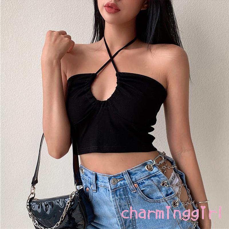 Áo croptop không tay màu trơn thiết kế thời trang quyến rũ cho nữ