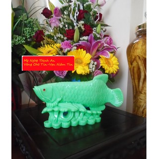Cá Rồng ngậm tiền - Kim Long Đắc Lộc - bột đá poly màu xanh ngọc - CKLX27