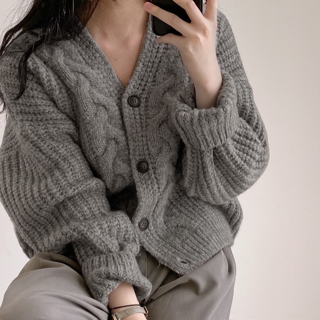 NZN Áo khoác cardigan dệt kim tay dài dáng rộng phong cách cổ điển Hàn Quốc có 3 màu lựa chọn