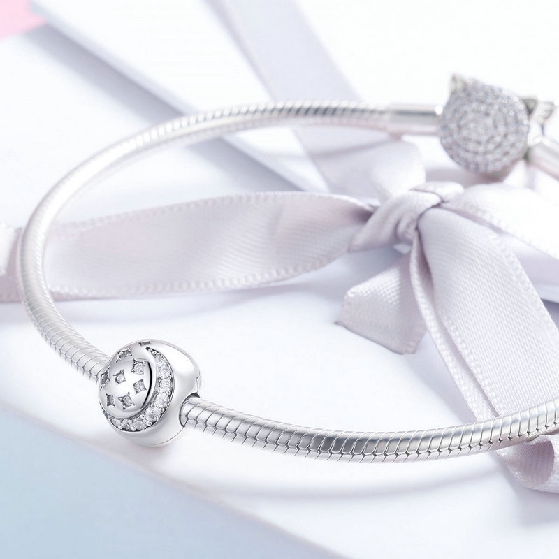 Hạt xỏ lỗ Bamoer SCC813 bạc 925 hình trăng sao lấp lánh trang trí vòng tay