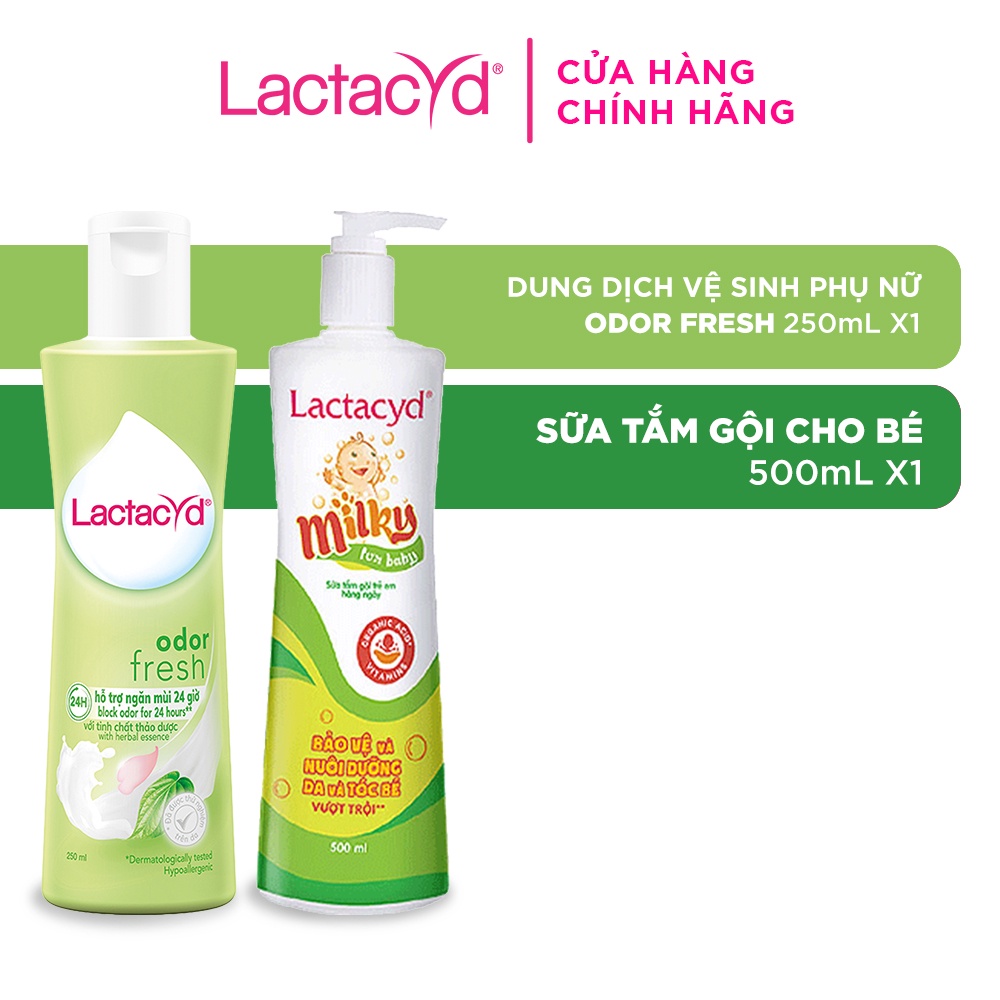 Bộ Dung Dịch Vệ Sinh Phụ Nữ Lactacyd Odor Fresh Ngăn Mùi 24H 250ml + Sữa Tắm Gội Trẻ em Lactacyd Milky 500ml