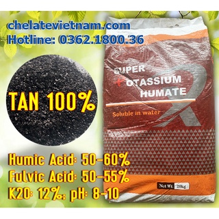 Super Kali Humate Chelate (Tan 100%) Humic Acid: 50-60%, Fulvic 50 - 55%, K2O (Kali hữu cơ): 12% (gói 1kg)