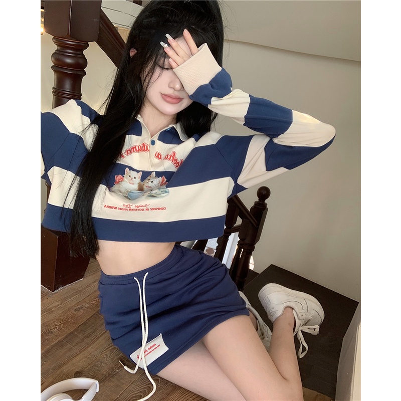 Set Áo Thun Tay Dài Kẻ Sọc In Hoạt Hình + Quần Lưng Cao Cột Dây Thời Trang Hàn Quốc Xinh Xắn Cho Nữ