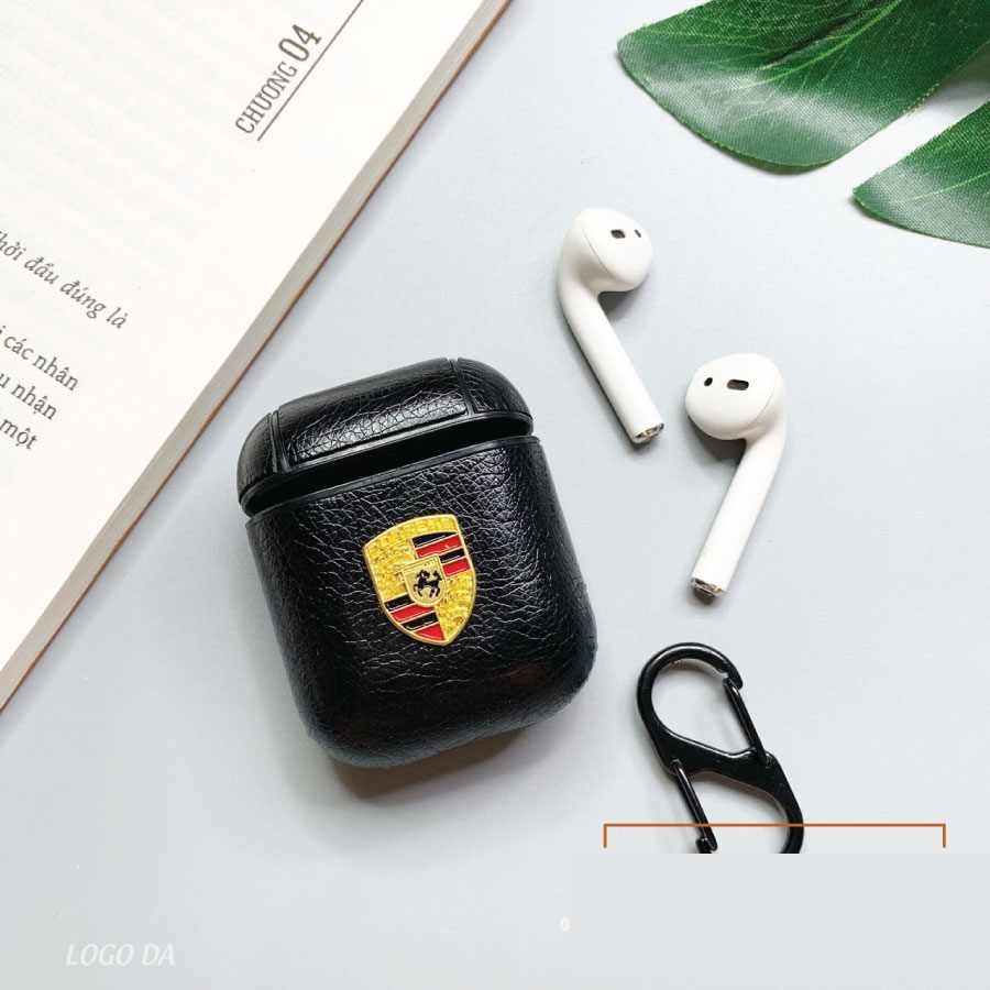 Case Airpods - Ốp Airpods 1/2 - giả da logo cực đẹp - Tặng kèm móc khóa inox (đen)