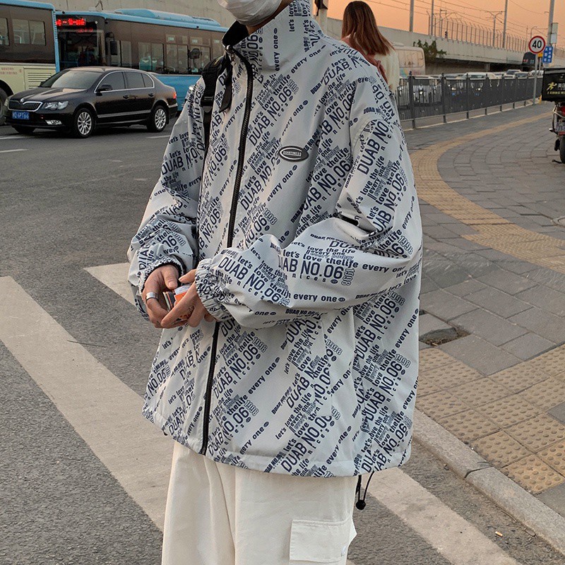 Áo khoác cổ đứng dáng rộng in họa tiết mặc được hai mặt phong cách đại học kiểu Hàn hợp thời trang dành cho nam