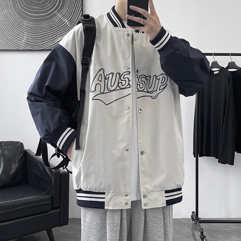 Áo Khoác Bomber Jacket Dù 2 Lớp AUSSUP Varsity Form Rộng Nam Nữ Unisex Phong Cách Hàn Quốc Ulzzang