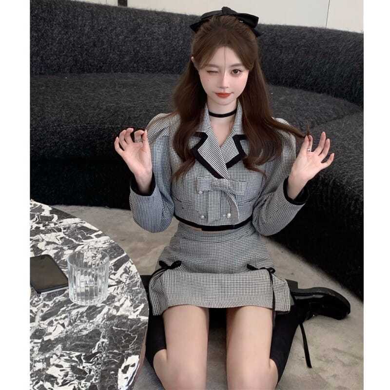 【F&X set】Bộ áo khoác + chân váy ngắn phối nơ ngọt ngào phong cách Hàn Quốc cho bé gái