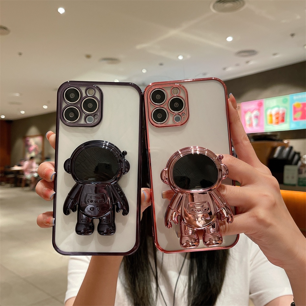 Ốp Điện Thoại Dẻo Trong Suốt Họa Tiết Phi Hành Gia Kèm Giá Đỡ Linh Hoạt Cho iPhone 13 12 11 Pro Max XS Max