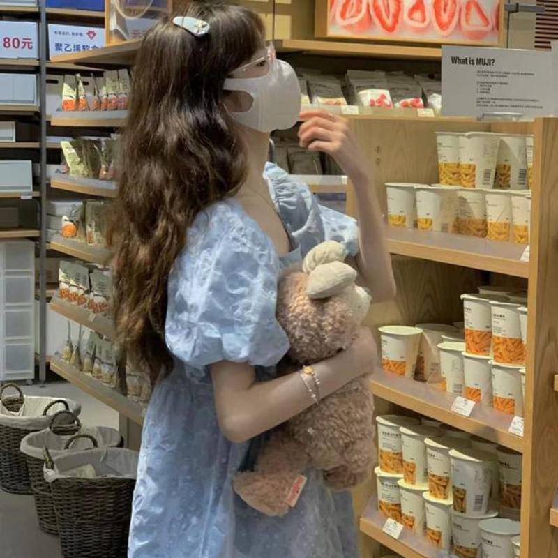 Đầm Chữ A Tay Phồng Cổ Vuông Màu Xanh Dương Phong Cách Pháp Thời Trang Mùa Hè