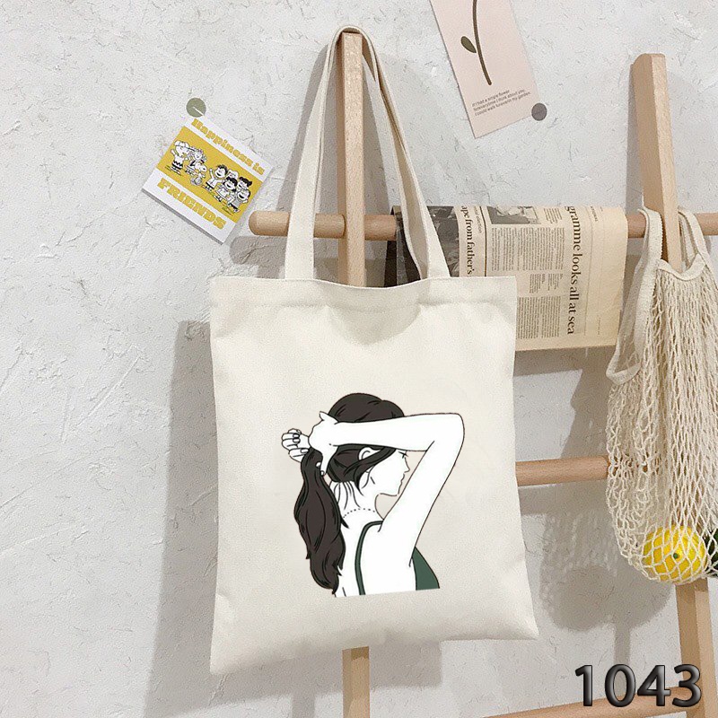 Túi Tote Đeo Vai Vải Canvas Mềm Có Khóa Miệng Đựng Vừa A4 1043 In Họa Tiết Cô Bé Buộc Tóc Dễ Thương