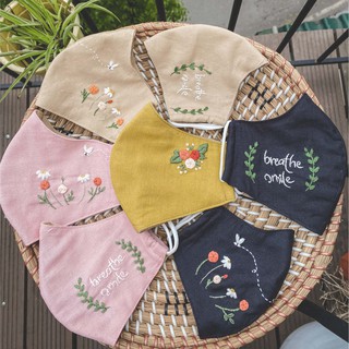 Khẩu trang vải kháng khuẩn linen thêu tay 3 lớp - Hand Embroidered Linen 3 Layer Face Mask