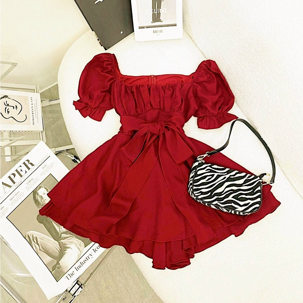 Đầm váy trễ vai cổ nhúng thắt nơ lưng 3 màu trắng, đe, xanh