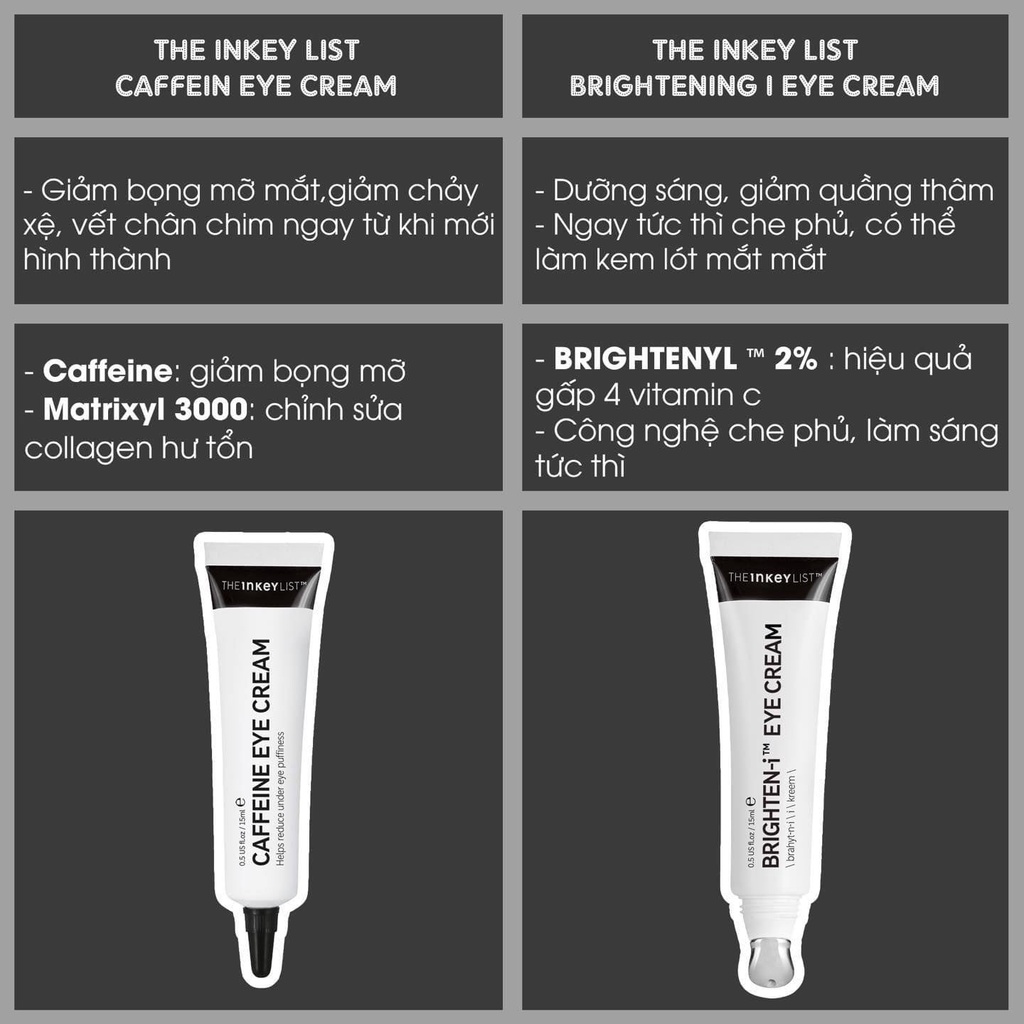 The INKEY List Kem dưỡng mắt Brighten-i Retinol Caffein Eye Cream 15ml (Bill Sephora)