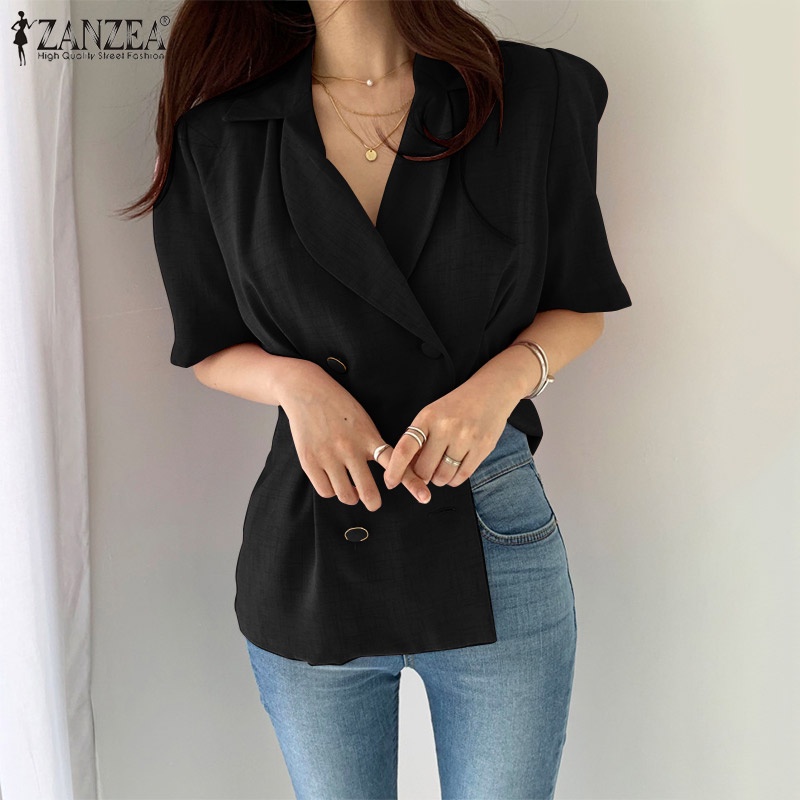 Áo sơ mi ZANZEA tay ngắn phồng phong cách Hàn Quốc thời trang cho nữ