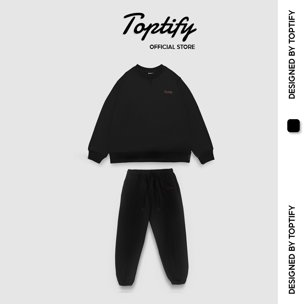 Bộ quần áo nỉ thêu logo oversize dài tay TOPTIFY sweater và jogger Trip Away Set S11