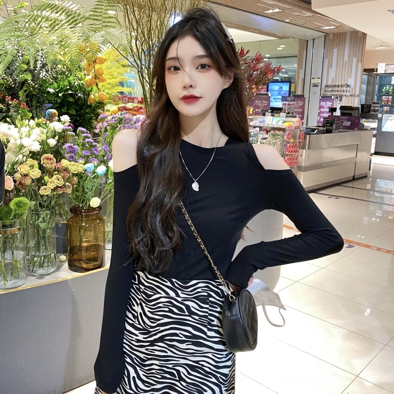 ZHELIHANGFEI Áo Thun Tay Dài Dáng Ôm Hở Vai Quyến Rũ Cho Nữ