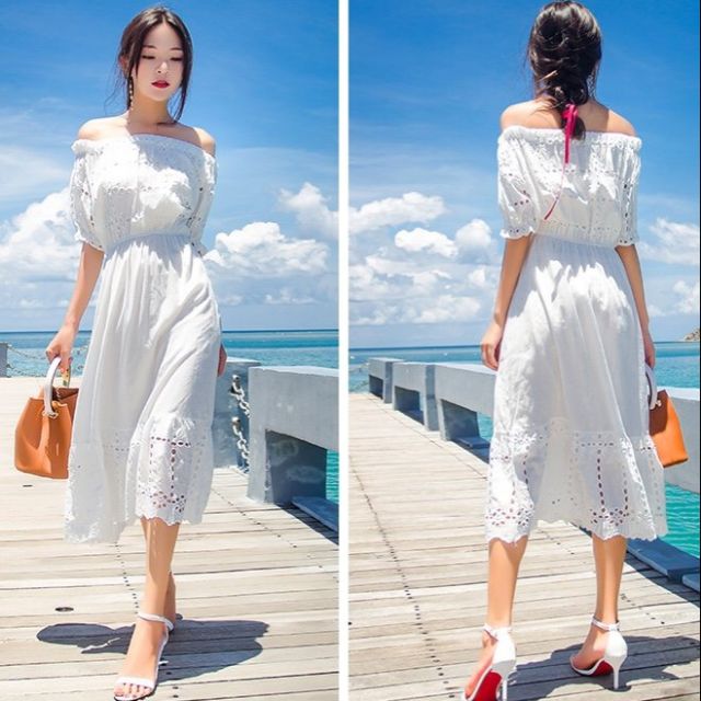 Đầm Maxi Trễ Vai Xô Ren Thêu