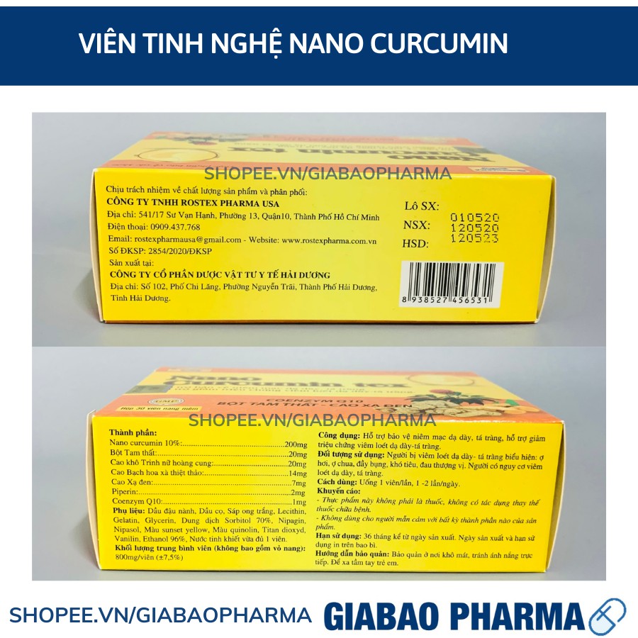 Viên tinh nghệ Nano Curcumin Gold Tex Tam Thất Xạ Đen giảm viêm loét dạ dày, tá tràng