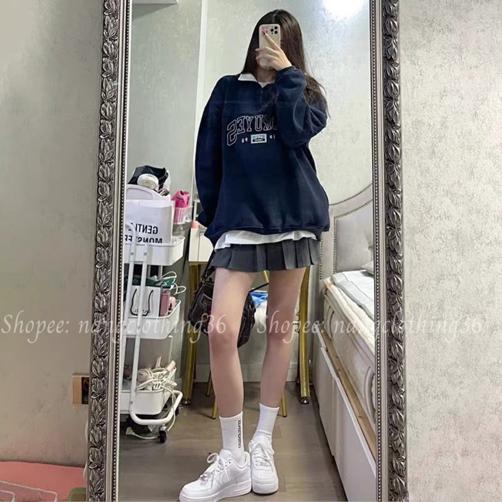 Áo Sweater Nỉ, Áo Sweater Nữ Form Rộng Cá Tính Ulzzang Xanh Đen Cổ Bẻ Chất Nỉ Ngoại Dày Dặn Freesize 38-70kg