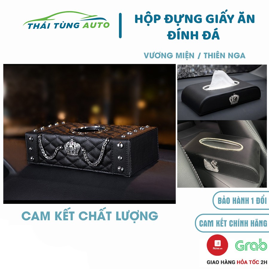 Hộp đựng giấy ô tô đặt taplo vương miện, thiên nga đính đá thêu chỉ viền cao cấp
