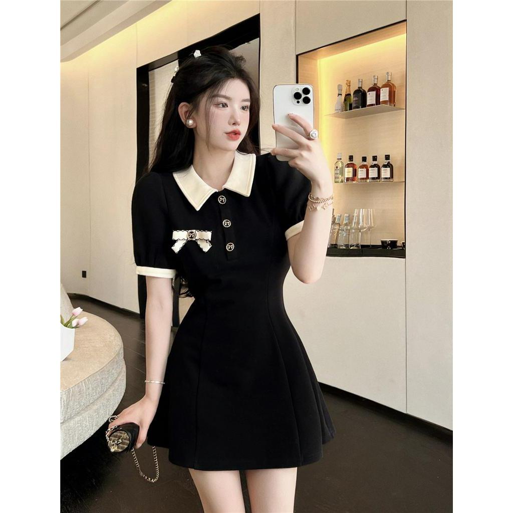 Đầm Cổ polo Tay Phồng Đính Nơ Nhỏ Ôm Dáng Dễ Thương Cho Nữ
