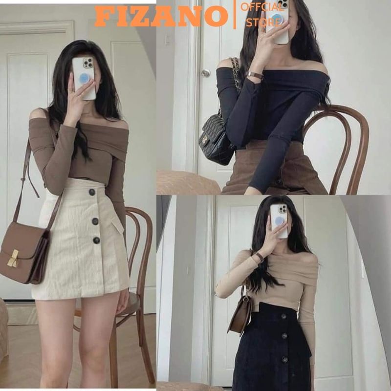 Áo len nữ trễ vai bánh bèo dài tay len tăm co dãn 3 màu hợp thời trang dễ phối đồ fizano