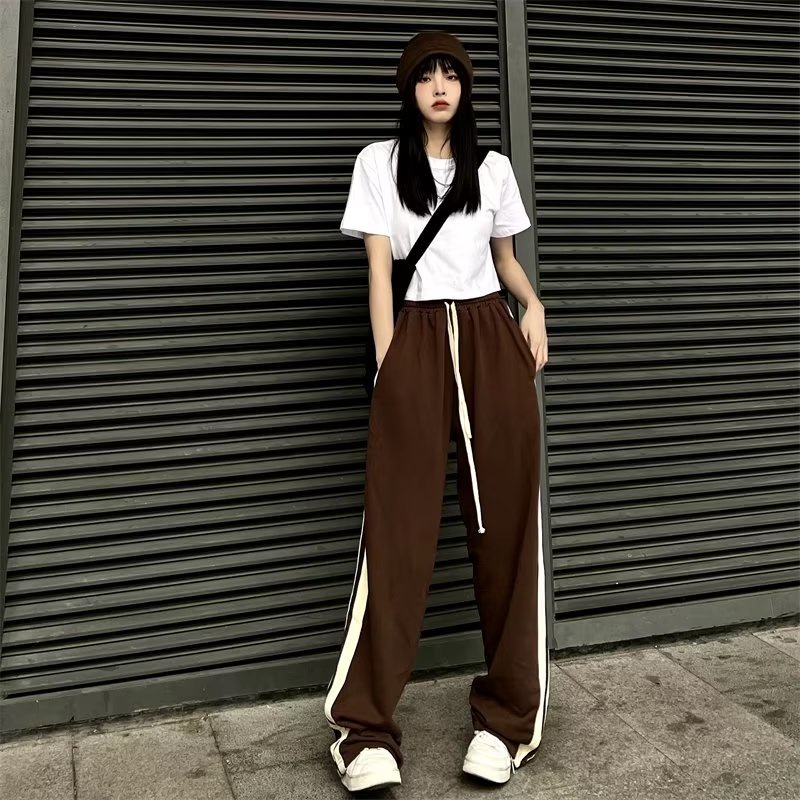 quần ống rộng nam Quần Thể Thao Ống Rộng Lưng Cao Họa Tiết Kẻ Sọc Phong Cách Hàn Quốc Thời Trang Cho Nữ